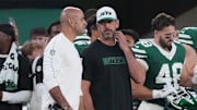 East Rutherford, NJ -- August 24, 2024 -- Jets head coach Robert Saleh and Aaron Rodgers on the sidelines in the first half. The New York Giants and New York Jets meet at MetLife Stadium in the final preseason game of the 2024 season for both teams.