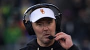 Southern California coach Lincoln Riley looks for answers against Oregon during the second half touchdown Nov. 22, 2025.