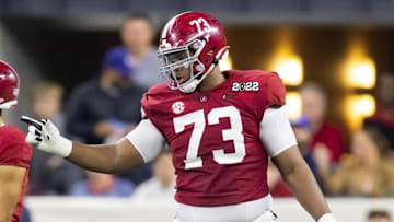 Jan 10, 2022; Indianapolis, IN, USA; Alabama Crimson Tide offensive lineman Evan Neal (73) against the Georgia Bulldogs in the 2022 CFP college football national championship game at Lucas Oil Stadium. Mandatory Credit: Mark J. Rebilas-Imagn Images