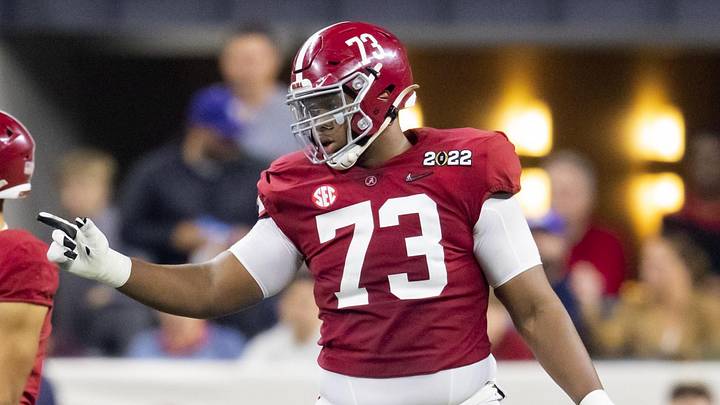 Jan 10, 2022; Indianapolis, IN, USA; Alabama Crimson Tide offensive lineman Evan Neal (73) against the Georgia Bulldogs in the 2022 CFP college football national championship game at Lucas Oil Stadium. Mandatory Credit: Mark J. Rebilas-Imagn Images