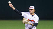 Oregon State's AJ Singer (7) throws the ball to first base during an NCAA college baseball game at Goss Stadium on Friday, March 7, 2025, in Corvallis, Ore.