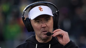 Southern California coach Lincoln Riley looks for answers against Oregon during the second half touchdown Nov. 22, 2025.
