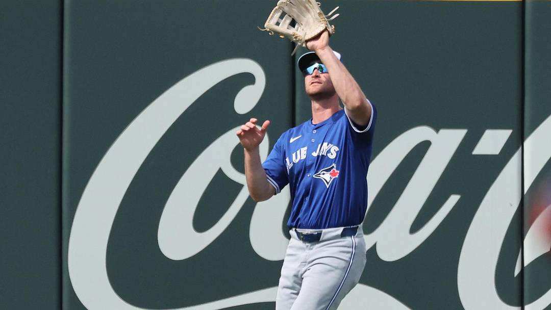 Mar 1, 2025; North Port, Florida, USA; Toronto Blue Jays outfielder RJ Schreck (89) catches a fly ball during the sixth inning against the Atlanta Braves at CoolToday Park. Mandatory Credit: Kim Klement Neitzel-Imagn Images