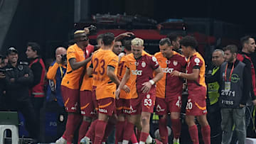 Galatasaray players celebrate against Besiktas in the Super Lig last time out 