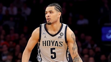 Mar 12, 2025; New York, NY, USA; Georgetown Hoyas guard Micah Peavy (5) brings the ball up court against the DePaul Blue Demons during the second half at Madison Square Garden. Mandatory Credit: Brad Penner-Imagn Images
