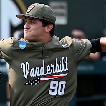 Vanderbilt pitcher Miller Green (90) throws to Wright State batter Hunter Warren during the sixth inning of the Nashville Regional NCAA Baseball Tournament elimination game at Hawkins Field Sunday, June 1, 2025, in Nashville, Tenn.