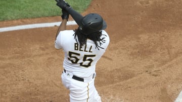 Sep 24, 2020; Pittsburgh, Pennsylvania, USA;  Pittsburgh Pirates first baseman Josh Bell (55) hits a