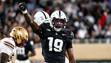 Michigan State's Armorion Smith celebrates after tackling Boston College's Lewis Bond during the first quarter on Saturday, Sept. 6, 2025, at Spartan Stadium in East Lansing.