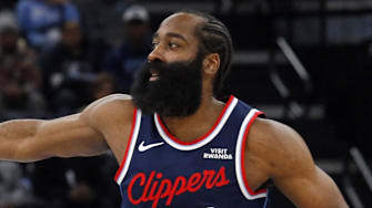 Dec 5, 2025; Memphis, Tennessee, USA; Los Angeles Clippers guard James Harden (1) reacts during the first quarter against the Memphis Grizzlies at FedExForum. Mandatory Credit: Petre Thomas-Imagn Images