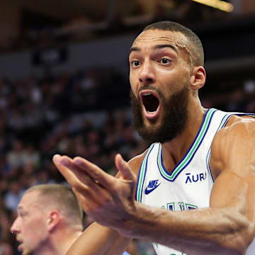 Mar 3, 2024; Minneapolis, Minnesota, USA; Minnesota Timberwolves center Rudy Gobert (27) reacts to a call during the first half against the LA Clippers at Target Center. Mandatory Credit: Matt Krohn-USA TODAY Sports