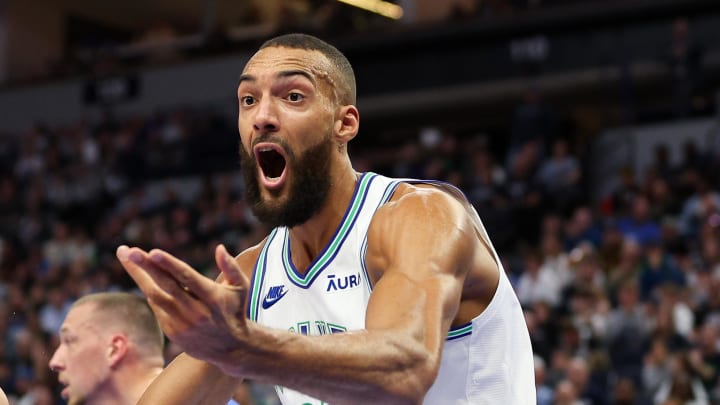 Mar 3, 2024; Minneapolis, Minnesota, USA; Minnesota Timberwolves center Rudy Gobert (27) reacts to a call during the first half against the LA Clippers at Target Center. Mandatory Credit: Matt Krohn-USA TODAY Sports