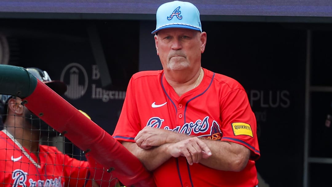 Atlanta Braves manager Brian Snitker (43) in the dugout against the Baltimore Orioles in the first inning at Truist Park. Mandatory Credit: Brett Davis-Imagn Images