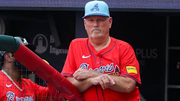 Atlanta Braves manager Brian Snitker (43) in the dugout against the Baltimore Orioles in the first inning at Truist Park. Mandatory Credit: Brett Davis-Imagn Images