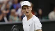 Jul 9, 2024; London, United Kingdom; Jannik Sinner (ITA) reacts after winning a point against Daniil Medvedev (not pictured) in a gentlemen's singles quarter-final match on day nine of The Championships Wimbledon 2024 at The All England Lawn Tennis Club. 
