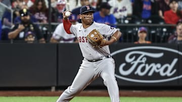 Sep 3, 2024; New York City, New York, USA;  Boston Red Sox third baseman Rafael Devers (11) at Citi Field. Mandatory Credit: Wendell Cruz-Imagn Images