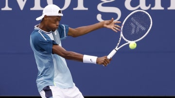 Aug 28, 2023; Flushing, NY, USA; Chris Eubanks of the United States hits a backhand against Soonwoo Kwon of Korea (not pictured) on day one of the 2023 US Open at the Billie Jean King National Tennis Center. Mandatory Credit: Geoff Burke-USA TODAY Sports