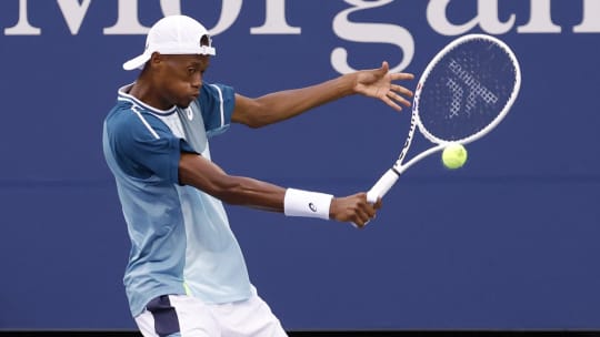 Aug 28, 2023; Flushing, NY, USA; Chris Eubanks of the United States hits a backhand against Soonwoo Kwon of Korea (not pictured) on day one of the 2023 US Open at the Billie Jean King National Tennis Center. Mandatory Credit: Geoff Burke-USA TODAY Sports