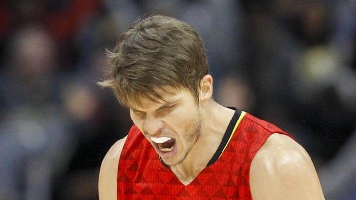 Atlanta Hawks guard Kyle Korver (26) shows emotion against the San Antonio Spurs in the fourth quarter at Philips Arena. The Hawks won 114-112 in overtime on January 1, 2017.