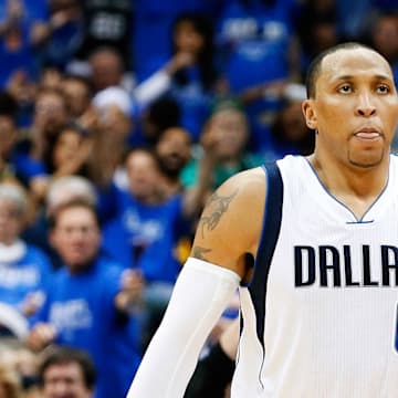 Apr 26, 2014; Dallas, TX, USA; Dallas Mavericks forward Shawn Marion (0) reacts during the game against the San Antonio Spurs in game three of the first round of the 2014 NBA Playoffs at American Airlines Center. Dallas won 109-108. Mandatory Credit: Kevin Jairaj-Imagn Images