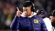 Dec 20, 2024; Notre Dame, Indiana, USA; Notre Dame Fighting Irish head coach Marcus Freeman during the third quarter against the Indiana Hoosiers at Notre Dame Stadium. 