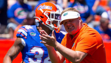Florida Gators defensive coordinator Austin Armstrong cheers on his team during warm up before the Orange and Blue game at Ben Hill Griffin Stadium in Gainesville, FL on Saturday, April 13, 2024 [Doug Engle/Gainesville Sun]2024