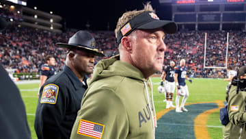 Auburn Tigers head coach Hugh Freeze walks the field after Auburn Tigers take on Kentucky Wildcats at Jordan-Hare Stadium in Auburn, Ala. on Saturday, Nov. 1, 2025. Kentucky Wildcats defeated Auburn Tigers 10-3.