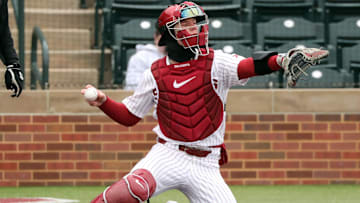 Sooner catcher Easton Carmichael throws as the University of Oklahoma Sooners (OU) baseball team plays Rider at L. Dale Mitchell Park on Feb. 24, 2023 in Norman, Okla.  [Steve Sisney/For The Oklahoman]

Ou Practice