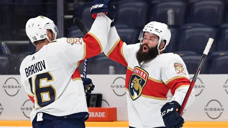 Apr 9, 2022; Nashville, Tennessee, USA; Florida Panthers defenseman Radko Gudas (7) and Florida