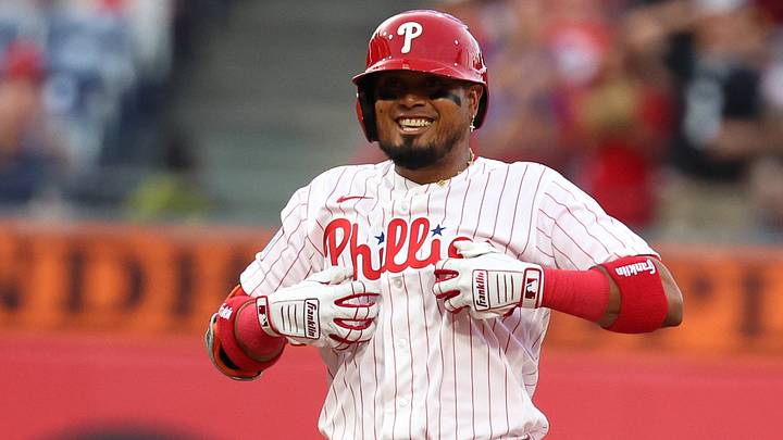 Aug 4, 2026; Philadelphia, Pennsylvania, USA; Philadelphia Phillies second baseman Luis Arraez (4) reacts to his RBI double against the Washington Nationals during the third inning at Citizens Bank Park. Mandatory Credit: Bill Streicher-Imagn Images