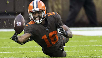 Cleveland Browns wide receiver David Bell (18) reaches for the ball as he falls under coverage by Tampa Bay Buccaneers cornerback Carlton Davis III (24) during the fourth quarter at FirstEnergy Stadium.