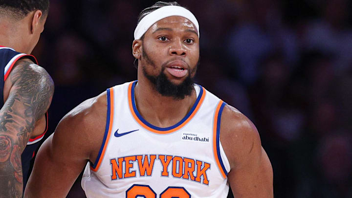 Jan 7, 2026; New York, New York, USA; New York Knicks forward Guerschon Yabusele (28) reacts after making a basket against the LA Clippers during the second half at Madison Square Garden. Mandatory Credit: Vincent Carchietta-Imagn Images