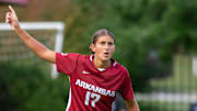 Kennedy Ball on the field against No. 3 Duke. The Blue Devils shut out the Razorbacks 2-0. 