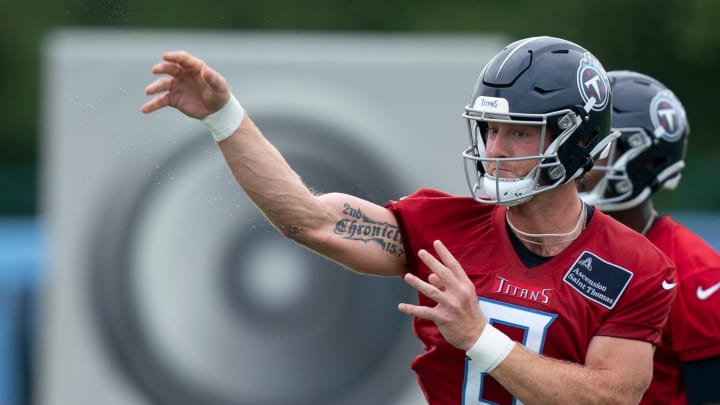 Tennessee Titans quarterback Will Levis (8) throws on the second day of training camp Thursday, July 25, 2024.