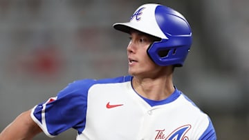 Atlanta Braves outfielder Stuart Fairchild (17) hits a triple against the Miami Marlins in the eighth inning at Truist Park.
