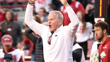 Nov 5, 2022; Fayetteville, Arkansas, USA; Arkansas Razorbacks vice chancellor and director of athletics Hunter Yurachek reacts to a two point conversion attempt during the fourth quarter against the Liberty Flames at Donald W. Reynolds Razorback Stadium. Liberty won 21-19. Mandatory Credit: Nelson Chenault-Imagn Images