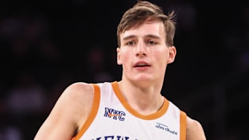 Dec 1, 2024; New York, New York, USA;  New York Knicks guard Tyler Kolek (13) at Madison Square Garden. Mandatory Credit: Wendell Cruz-Imagn Images
