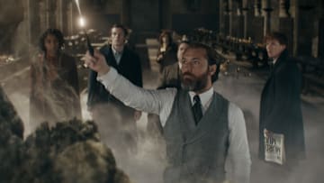 (L-R) JESSICA WILLIAMS as Eulalie “Lally” Hicks, CALLUM TURNER as Theseus Scamander, FIONA GLASCOTT as Minerva McGonagall, DAN FOGLER as Jacob Kowalski, JUDE LAW as Albus Dumbledore and EDDIE REDMAYNE as Newt Scamander in Warner Bros. Pictures' fantasy adventure "FANTASTIC BEASTS: THE SECRETS OF DUMBLEDORE,” a Warner Bros. Pictures release. Photo Credit: Courtesy of Warner Bros. Pictures

© 2022 Warner Bros. Ent. All Rights Reserved.
Wizarding World™ Publishing Rights © J.K. Rowling
WIZARDING