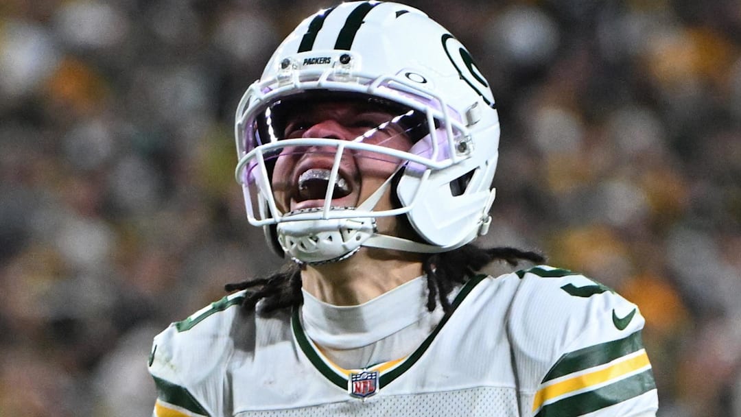 Oct 26, 2025; Pittsburgh, Pennsylvania, USA;  Green Bay Packers wide receiver Christian Watson (9) reacts following a catch against the Pittsburgh Steelers during the second half at Acrisure Stadium.