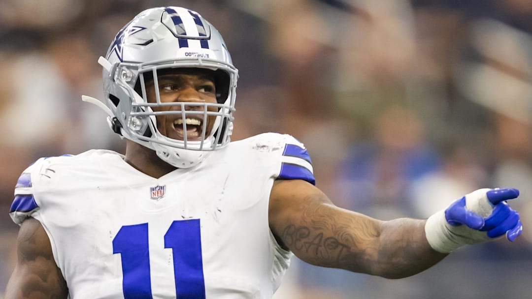  Dallas Cowboys linebacker Micah Parsons (11) reacts against the Carolina Panthers at AT&T Stadium.