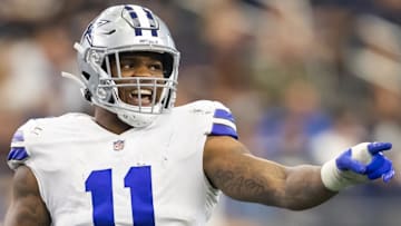  Dallas Cowboys linebacker Micah Parsons (11) reacts against the Carolina Panthers at AT&T Stadium.