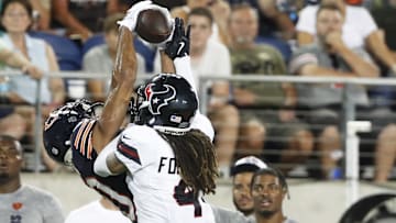 Collin Johnson goes up for a catch in the Hall of Fame Game against the Houston Texans. He had two TD catches in that game.