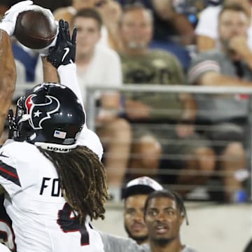 Collin Johnson goes up for a catch in the Hall of Fame Game against the Houston Texans. He had two TD catches in that game.