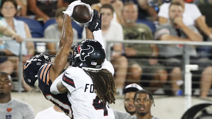 Collin Johnson goes up for a catch in the Hall of Fame Game against the Houston Texans. He had two TD catches in that game.