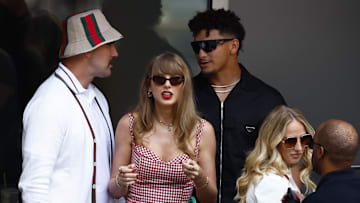 Recording artist Taylor Swift and Kansas City Chiefs tight end Travis Kelce and Kansas City Chiefs quarterback Patrick Mahomes and Brittany Mahomes look on in the men’s singles final of the 2024 U.S. Open tennis tournament at USTA Billie Jean King National Tennis Center at Louis Armstrong Stadium.