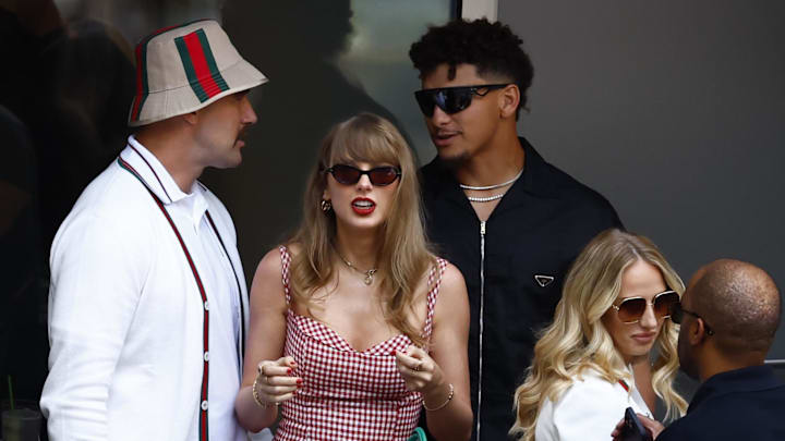 Recording artist Taylor Swift and Kansas City Chiefs tight end Travis Kelce and Kansas City Chiefs quarterback Patrick Mahomes and Brittany Mahomes look on in the men’s singles final of the 2024 U.S. Open tennis tournament at USTA Billie Jean King National Tennis Center at Louis Armstrong Stadium.