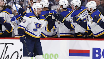 Apr 7, 2025; Winnipeg, Manitoba, CAN; St. Louis Blues left wing Pavel Buchnevich (89) celebrates his goal against the Winnipeg Jets in the second period at Canada Life Centre. Mandatory Credit: James Carey Lauder-Imagn Images