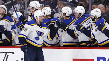Apr 7, 2025; Winnipeg, Manitoba, CAN; St. Louis Blues left wing Pavel Buchnevich (89) celebrates his goal against the Winnipeg Jets in the second period at Canada Life Centre. Mandatory Credit: James Carey Lauder-Imagn Images