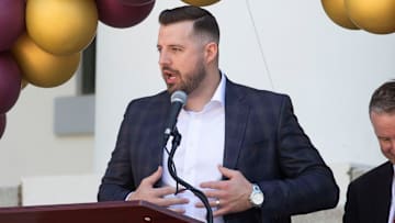 Florida State's new head basketball coach Luke Loucks expresses his gratitude to President Richard McCullough (middle) with FSU Board of Trustees member Peter Collins (right) during 'FSU Day at the Capitol' Wednesday, March 19, 2025.