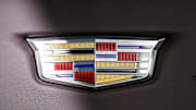 Cadillac logo on the steering wheel of a 2023 Cadillac Escalade-V during the 2023 North American International Auto Show held at Huntington Place in downtown Detroit on Wed., Sept. 13, 2023.