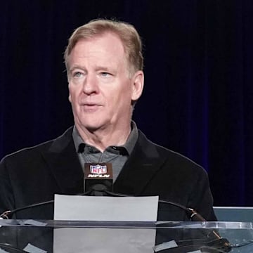 Feb 10, 2025; New Orleans, LA, USA; NFL commissioner Roger Goodell speaks at the Super Bowl LIX Winning Head Coach and Most Valuable Player press conference at the Ernest N. Morial Convention Center. Mandatory Credit: Kirby Lee-Imagn Images